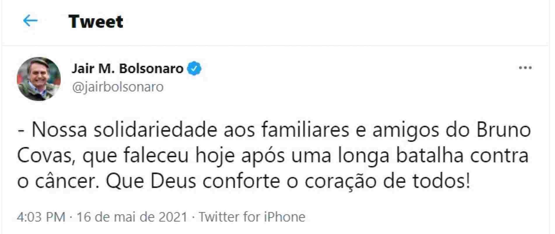 No Twitter, Bolsonaro presta solidariedade à família de Bruno Covas