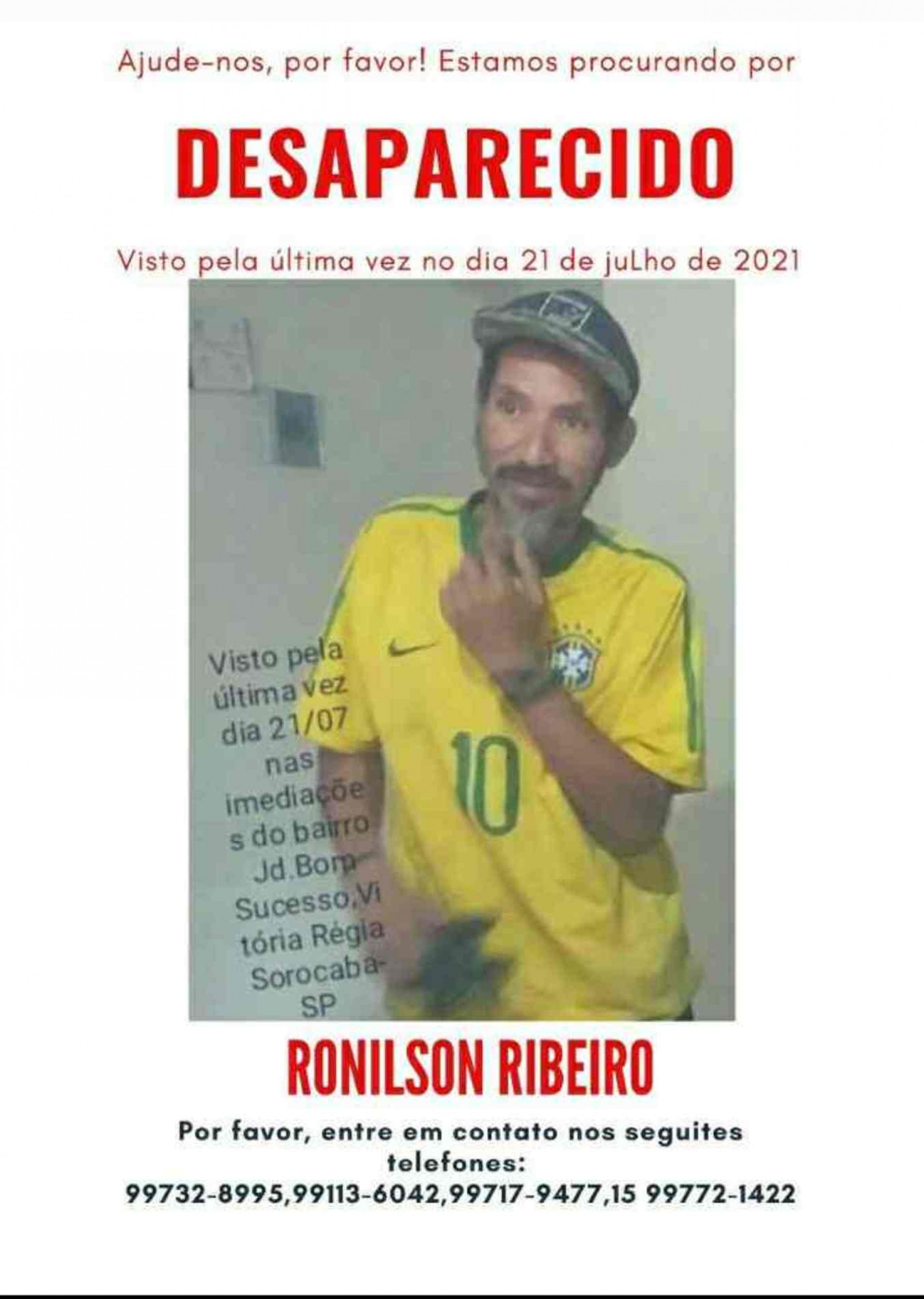 Ronilson desapareceu no dia 21 de julho