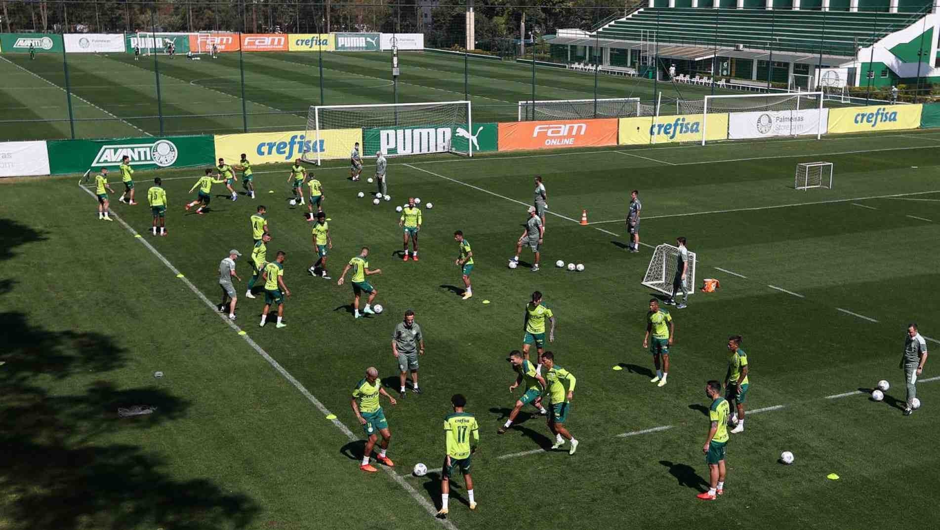 Os jogadores do Palmeiras durante treinamento.