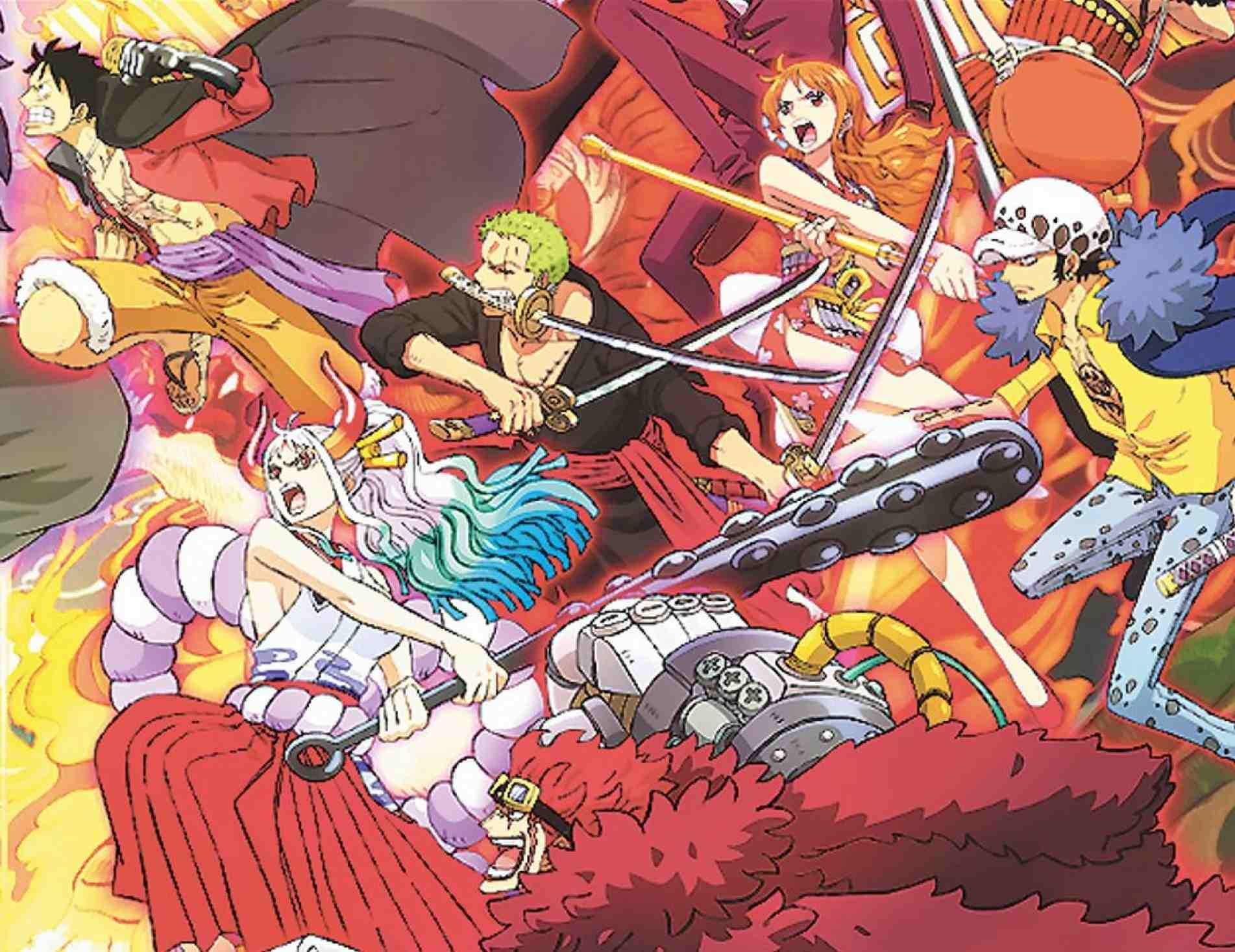 Luffy, Law, Kid, Jinbe, Yamato e os Chapéus de Palha enfrentam as forças colossais de Kaido.