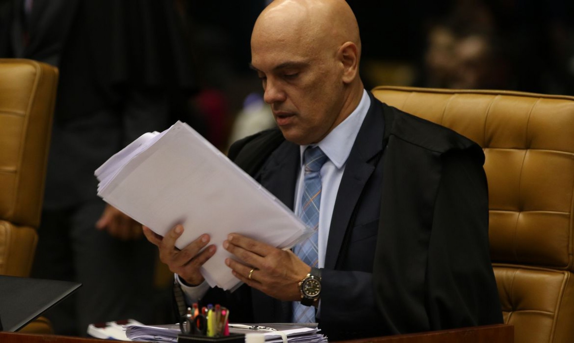 O ministro Alexandre de Moraes, durante sessão de julgamento sobre limite para compartilhamento de dados fiscais