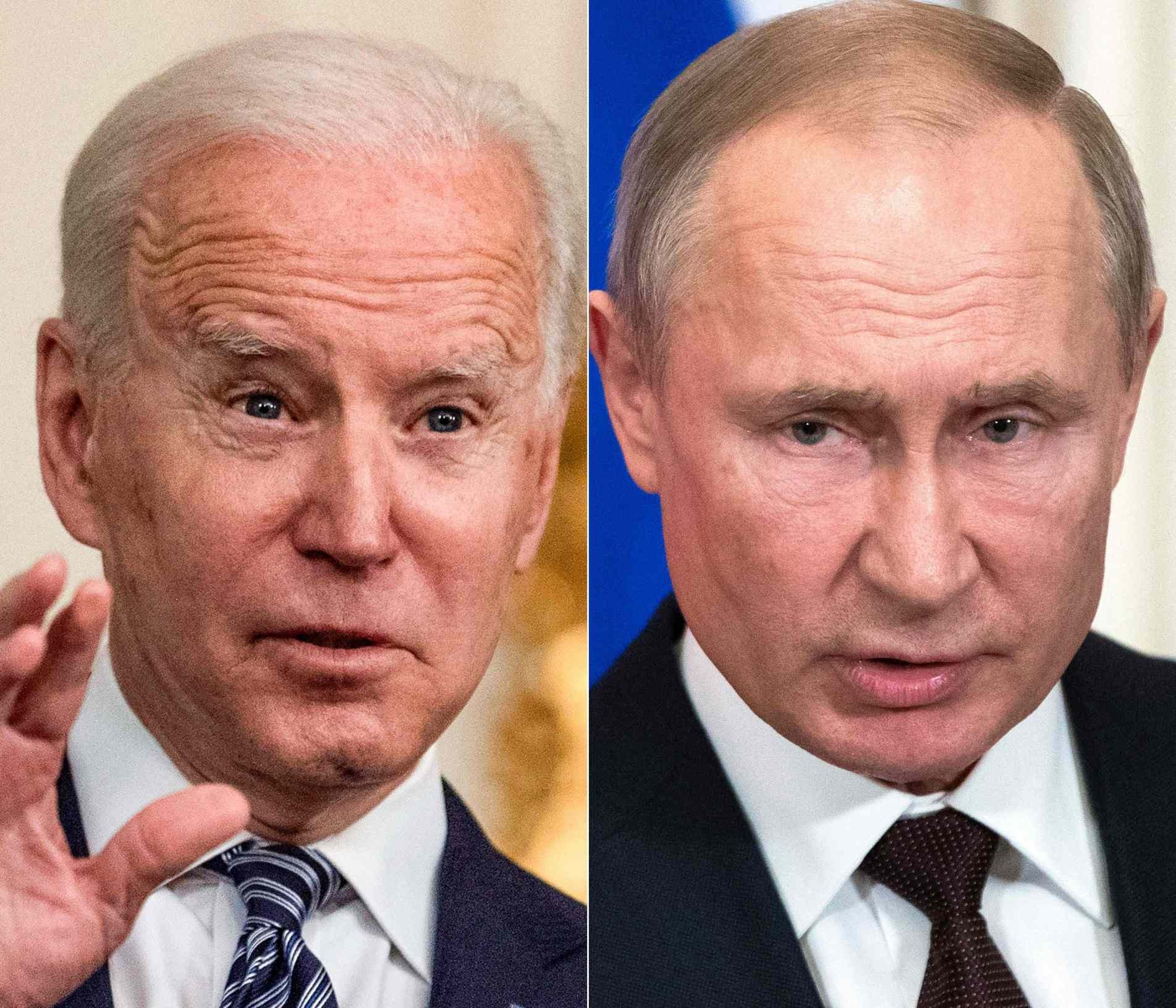 Na esquerda, presidente dos EUA, Joe Biden. Na direita, presidente da Rússia, Vladimir Putin 
