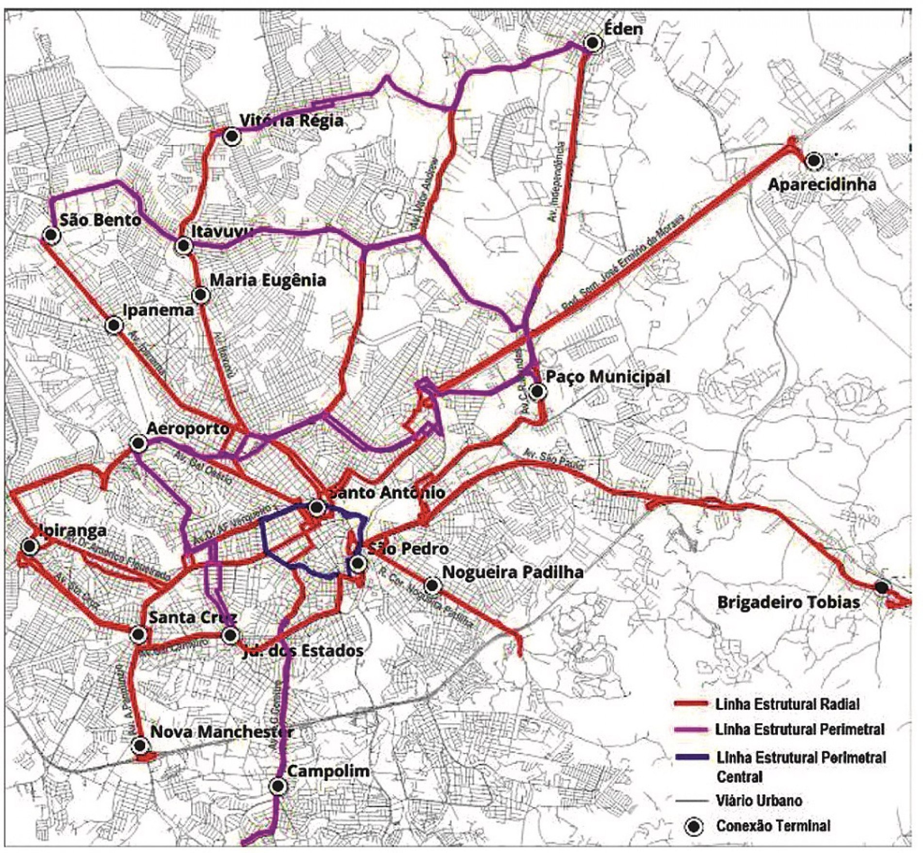Mapa mostra conexões que poderão ser adotadas no sistema de transporte público