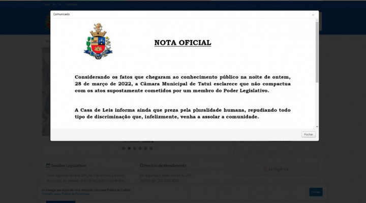 A Câmara de Tatuí divulgou nota oficial sobre o caso em seu site