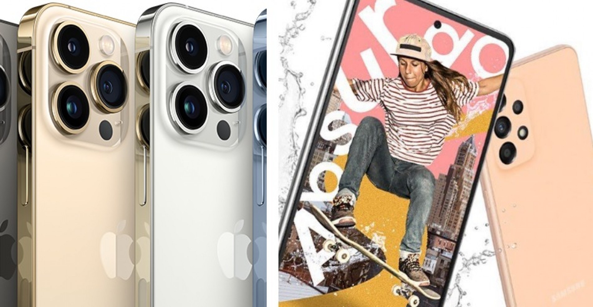 À esquerda, celular da marca Apple e à direita, da marca Samsung 