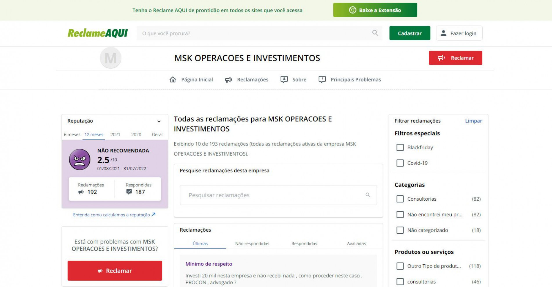 O não cumprimento do contrato por parte da MSK representa a maioria das reclamações