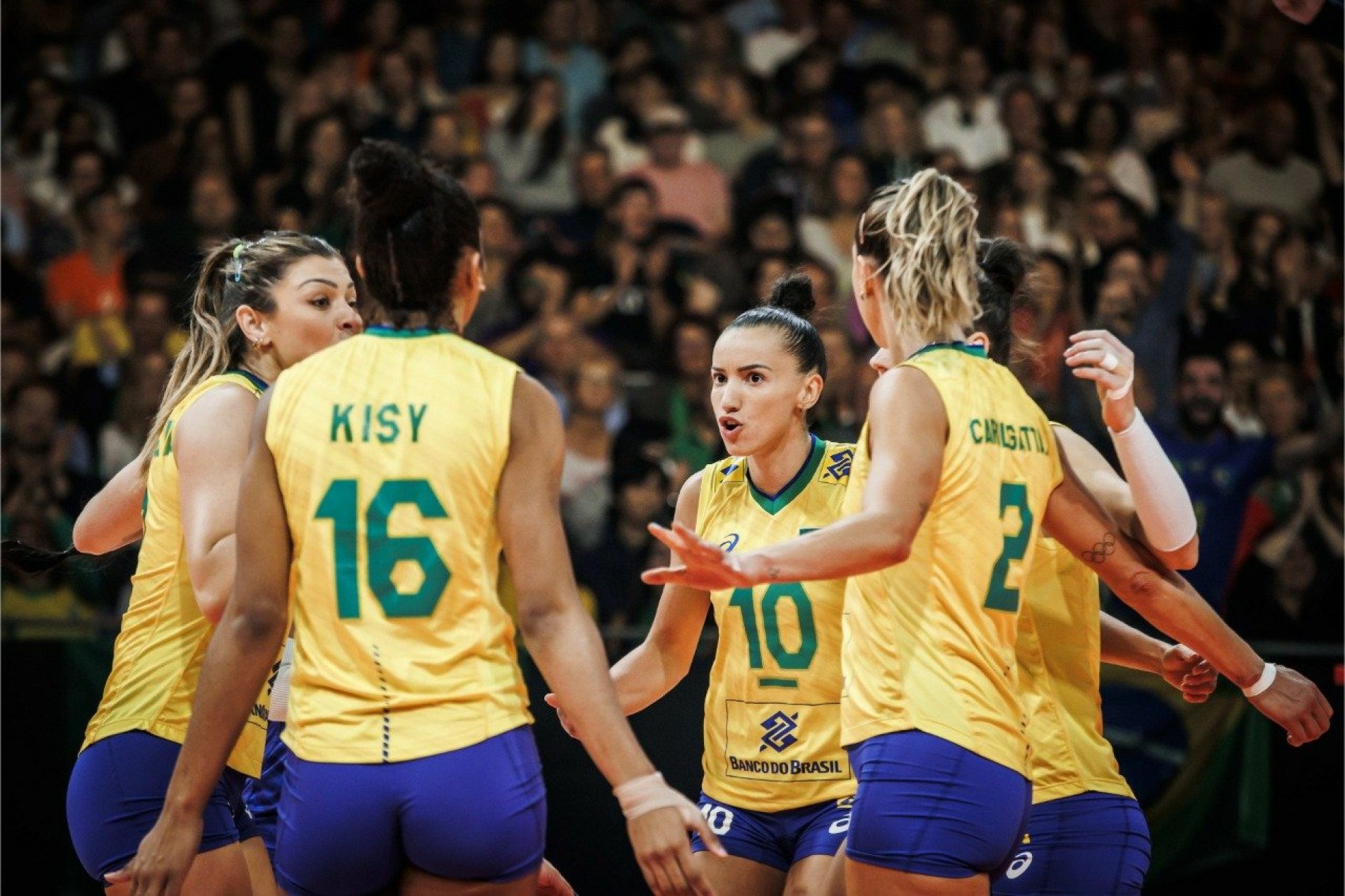 Jogadoras brasileiras comemorar ponto contra o Japão - Vôlei feminino
