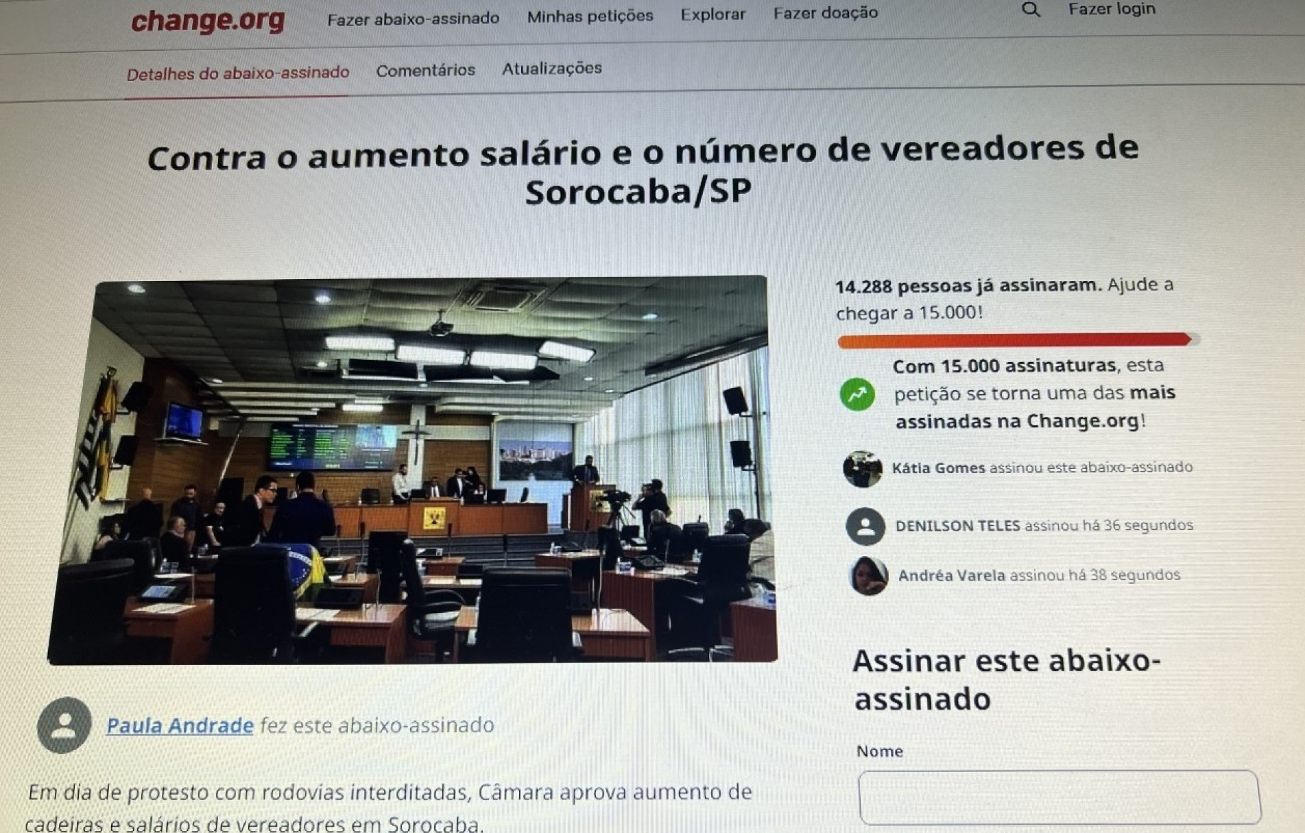 População faz abaixo-assinado contra aumento de salário e de número de vereadores em Sorocaba
