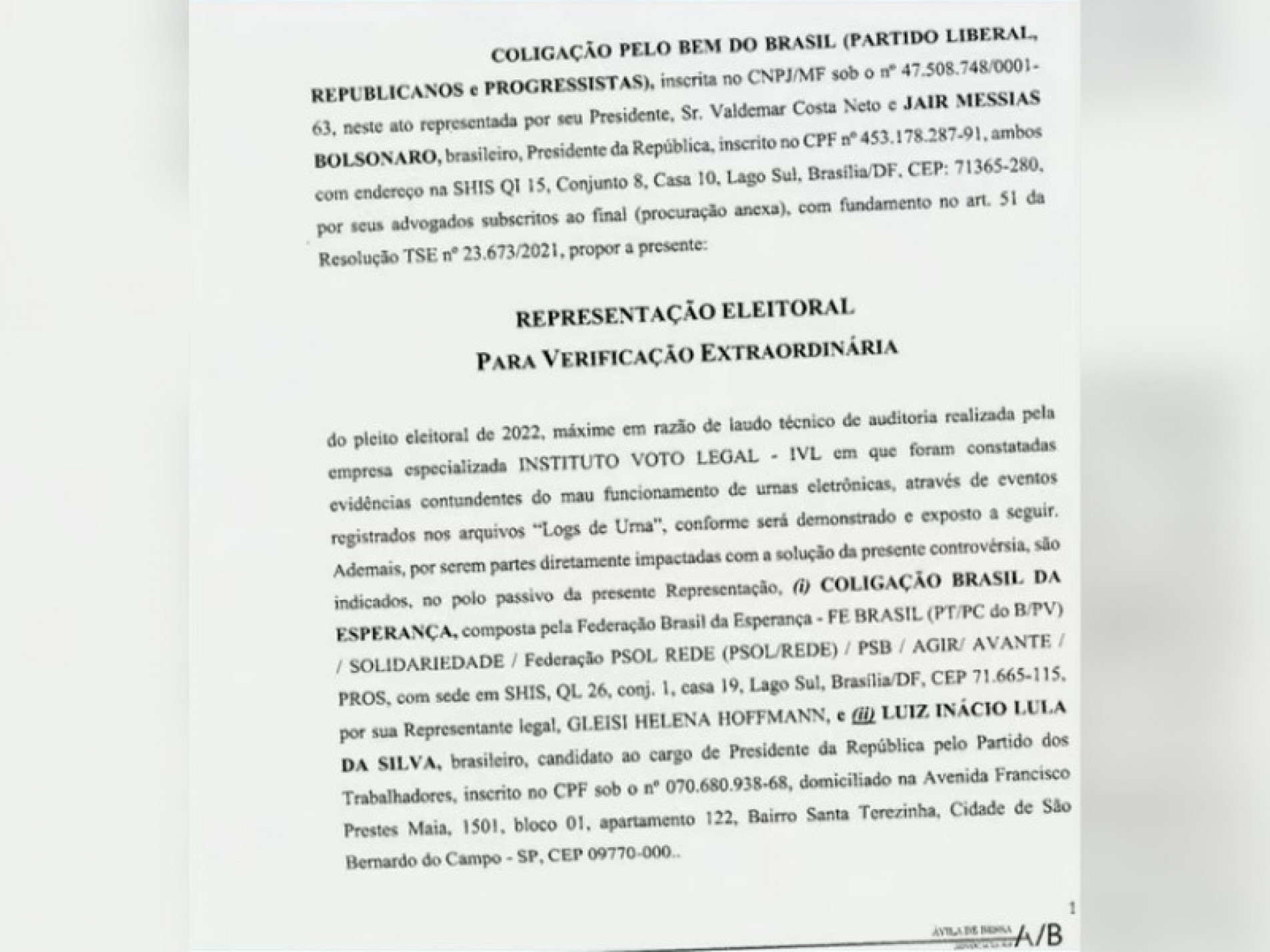 PL entra com representação no TSE para pedir anulação de votos