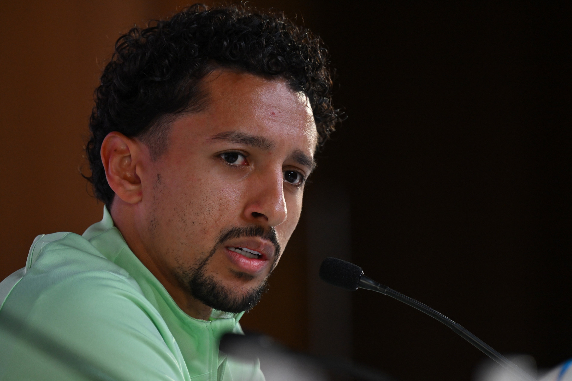  Brazil's defender #04 Marquinhos attends a press conference at the Qatar National Convention Center (QNCC) in Doha on November 27, 2022, on the eve of the Qatar 2022 World Cup football match between Brazil and Switzerland. (Photo by NELSON ALMEIDA / AFP)