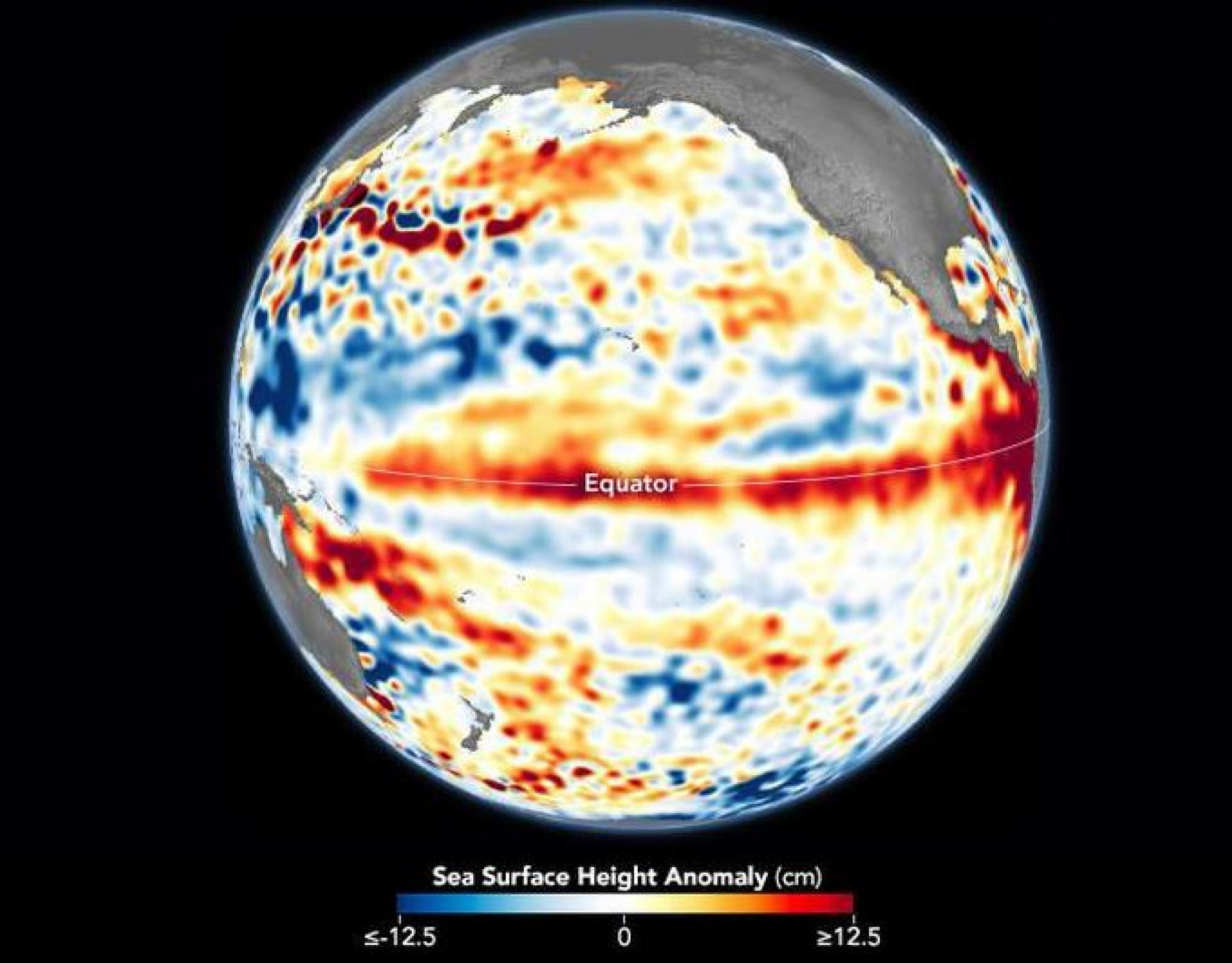 Imagem capturada por satélite da Nasa mostra anomalias no nível da água do Oceano Pacífico, indicando o superaquecimento provocado pelo El Niño