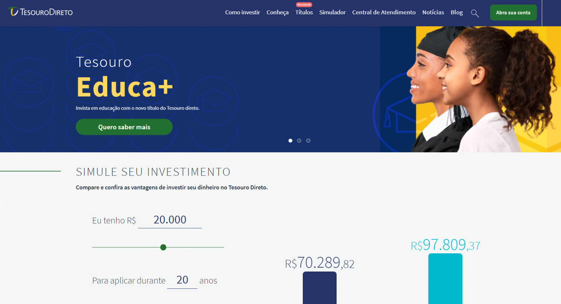 Primeira página do site Tesouro Direto