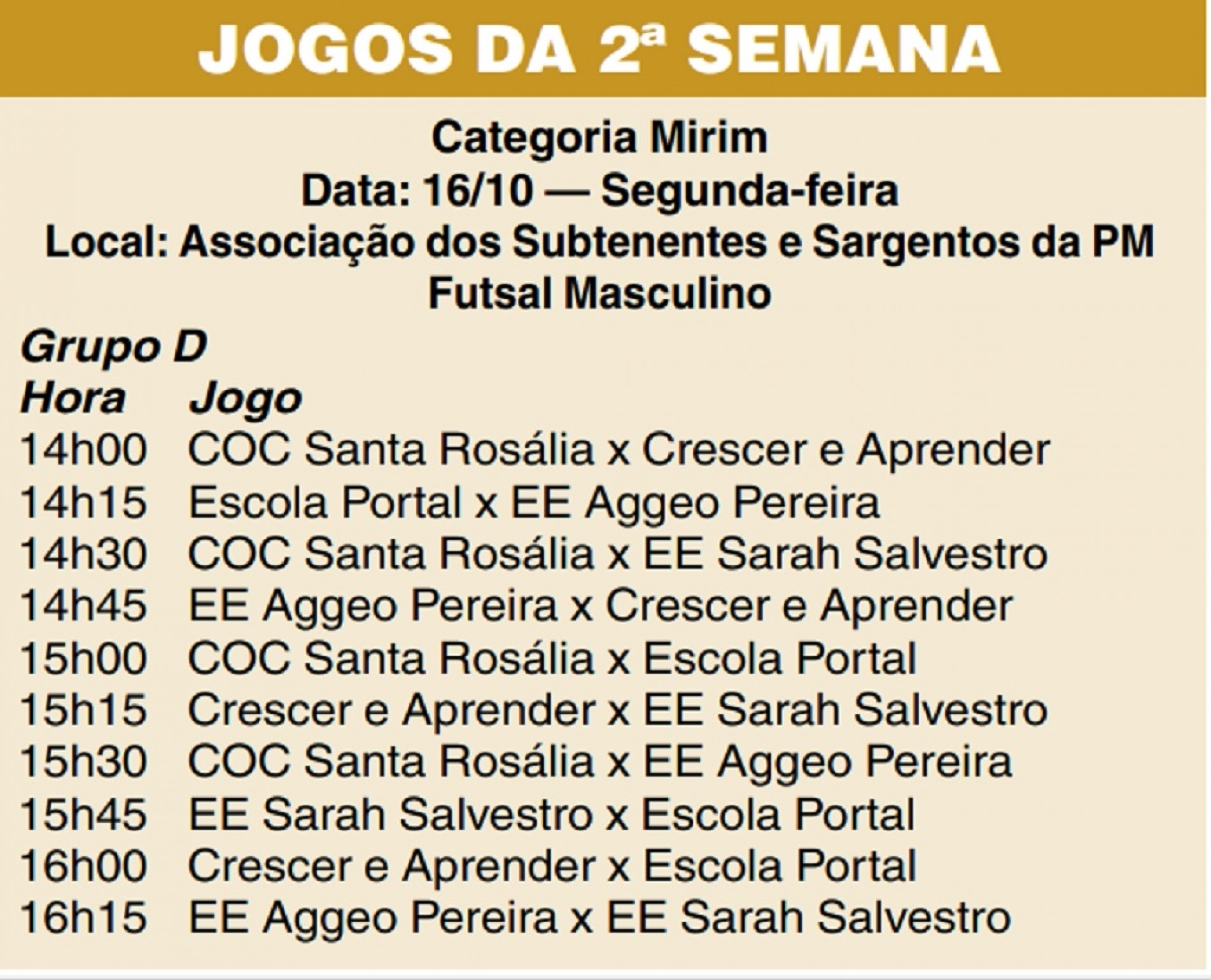 Confira a tabela de jogos