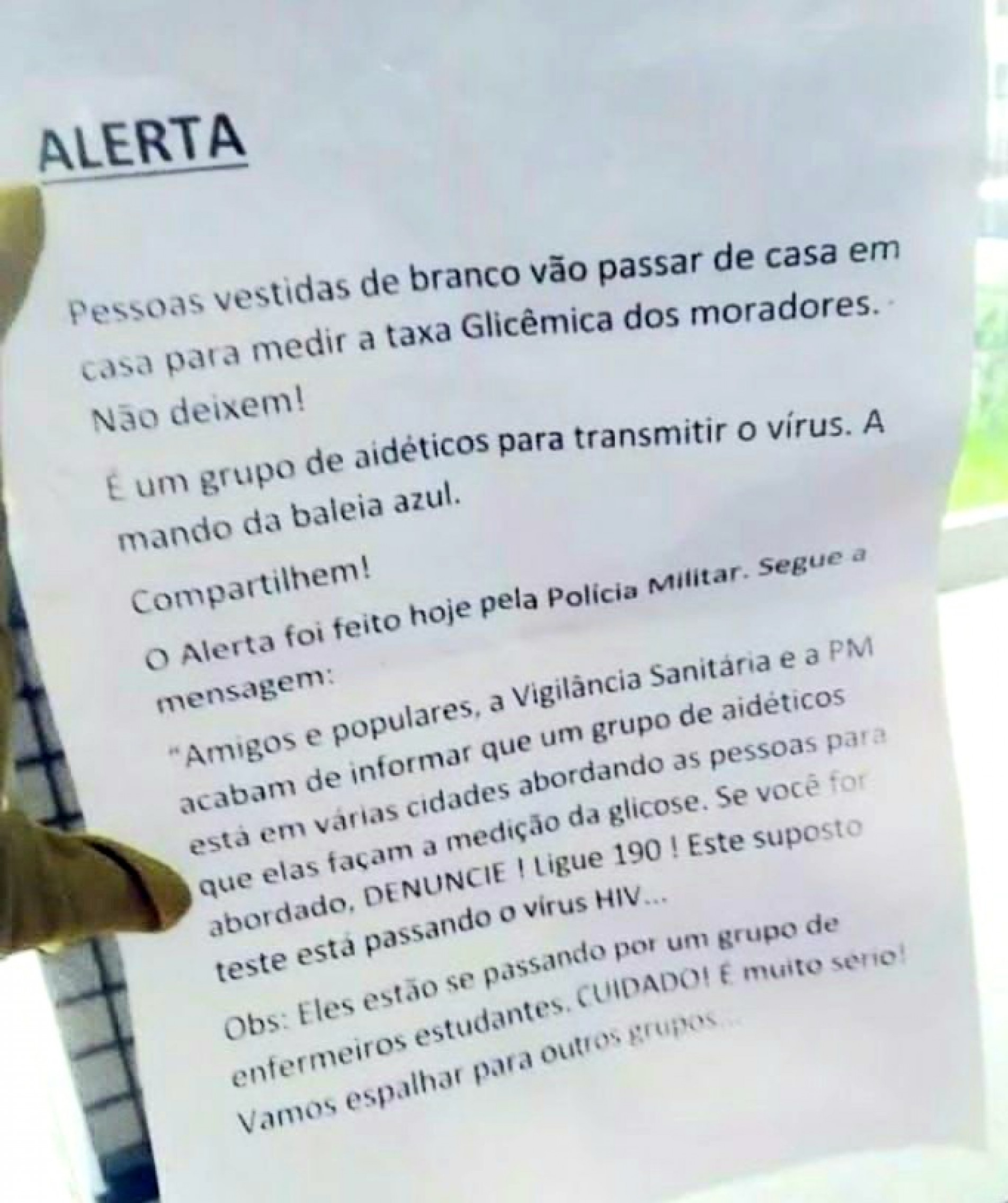 A Prefeitura de Sorocaba adverte que o aviso não partiu de nenhuma unidade de saúde municipal ou da Visa