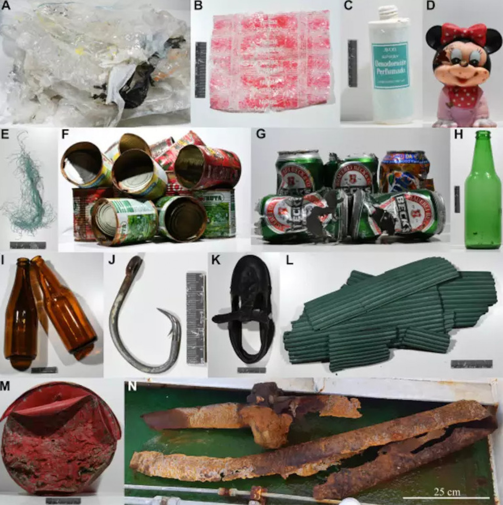 Entre os itens encontrados pelos pesquisadores no fundo do mar estão uma boneca da Minnie, luvas e roupas 