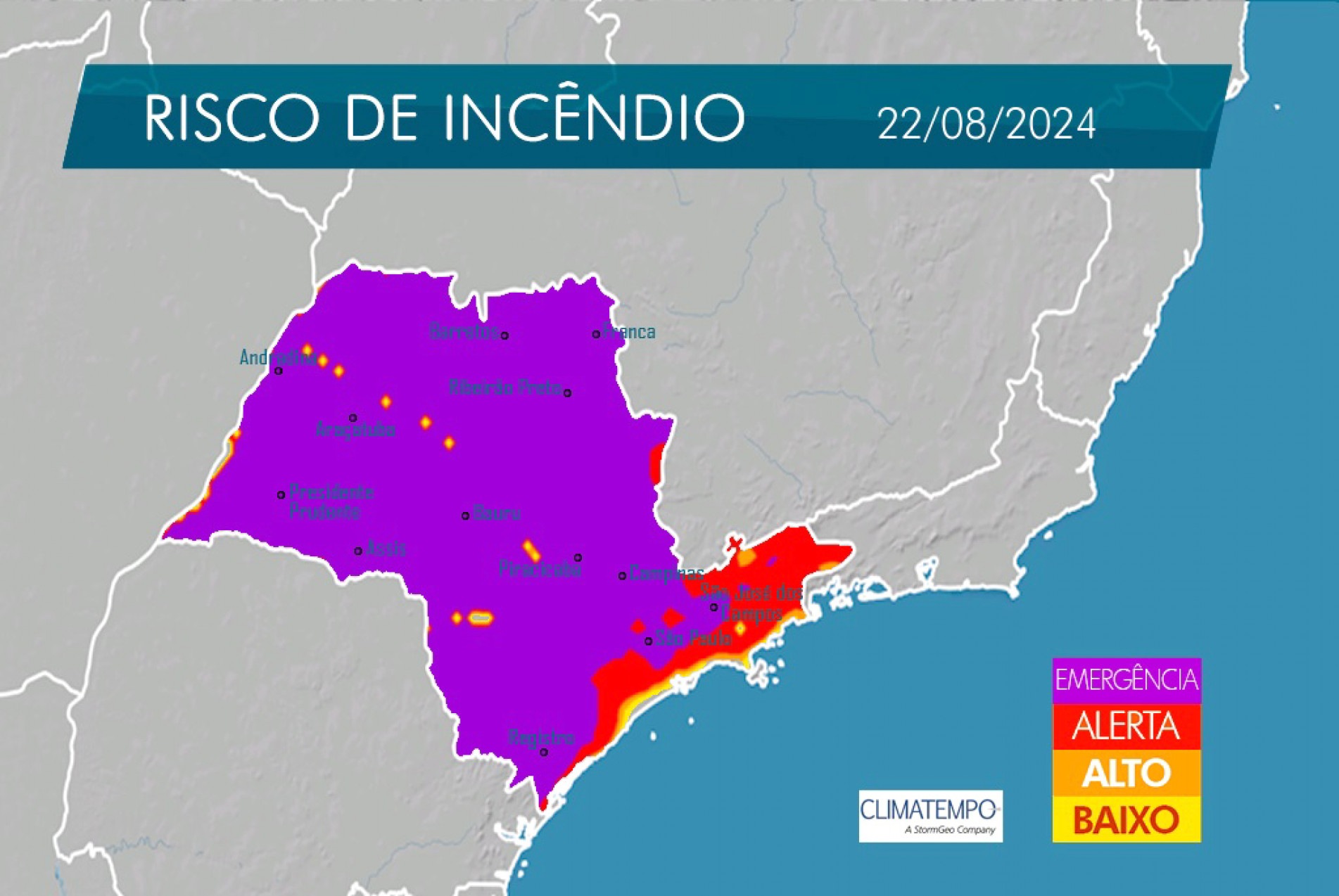 Região de Sorocaba está incluída na área de alerta de risco roxo para incêndios florestais, o que representa emergência máxima
