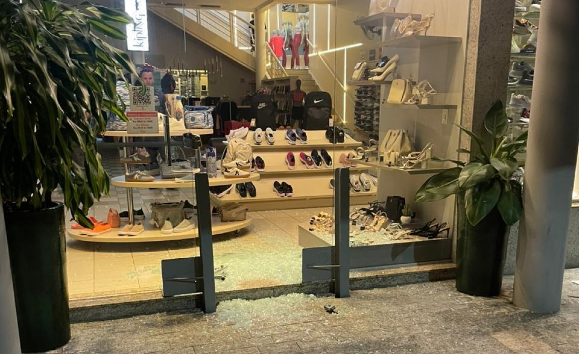 Para invadir a loja, o homem quebrou a porte de vidro da entrada 