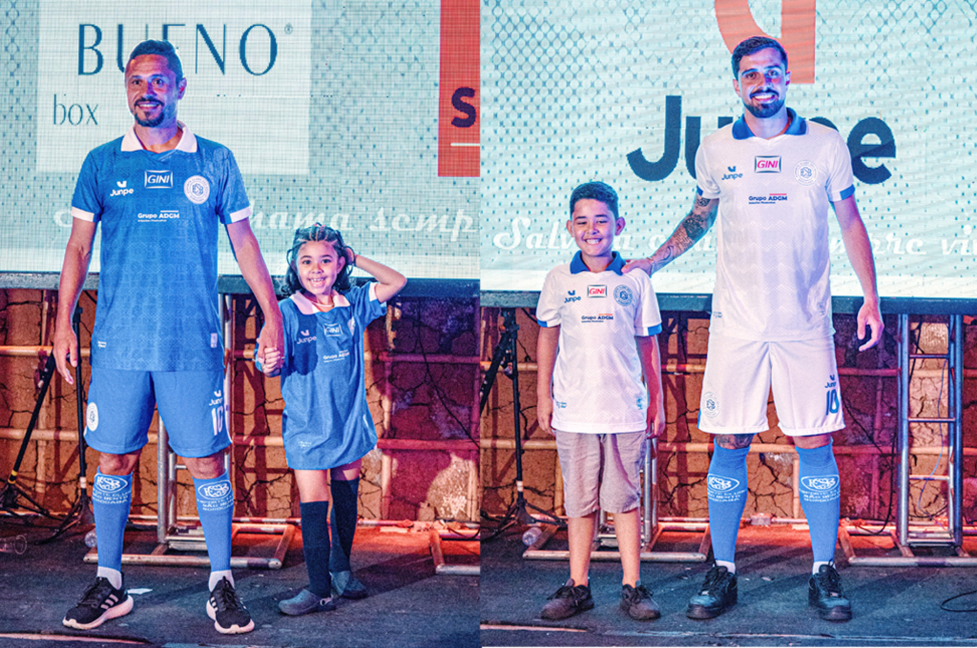 Camisa número um segue com predominância do azul e a número dois, totalmente branca
