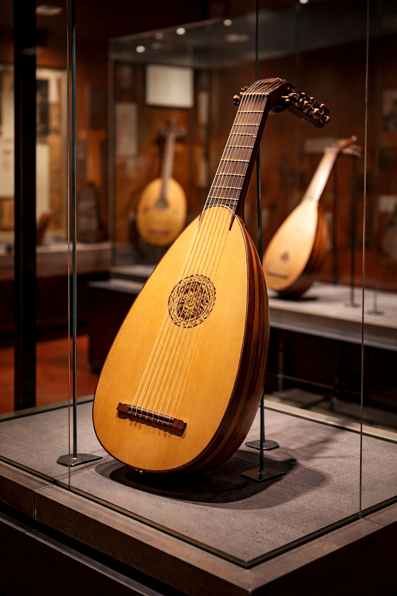 Alaúde, instrumento de cordas histórico no 
Musée de la Musique, em Paris
