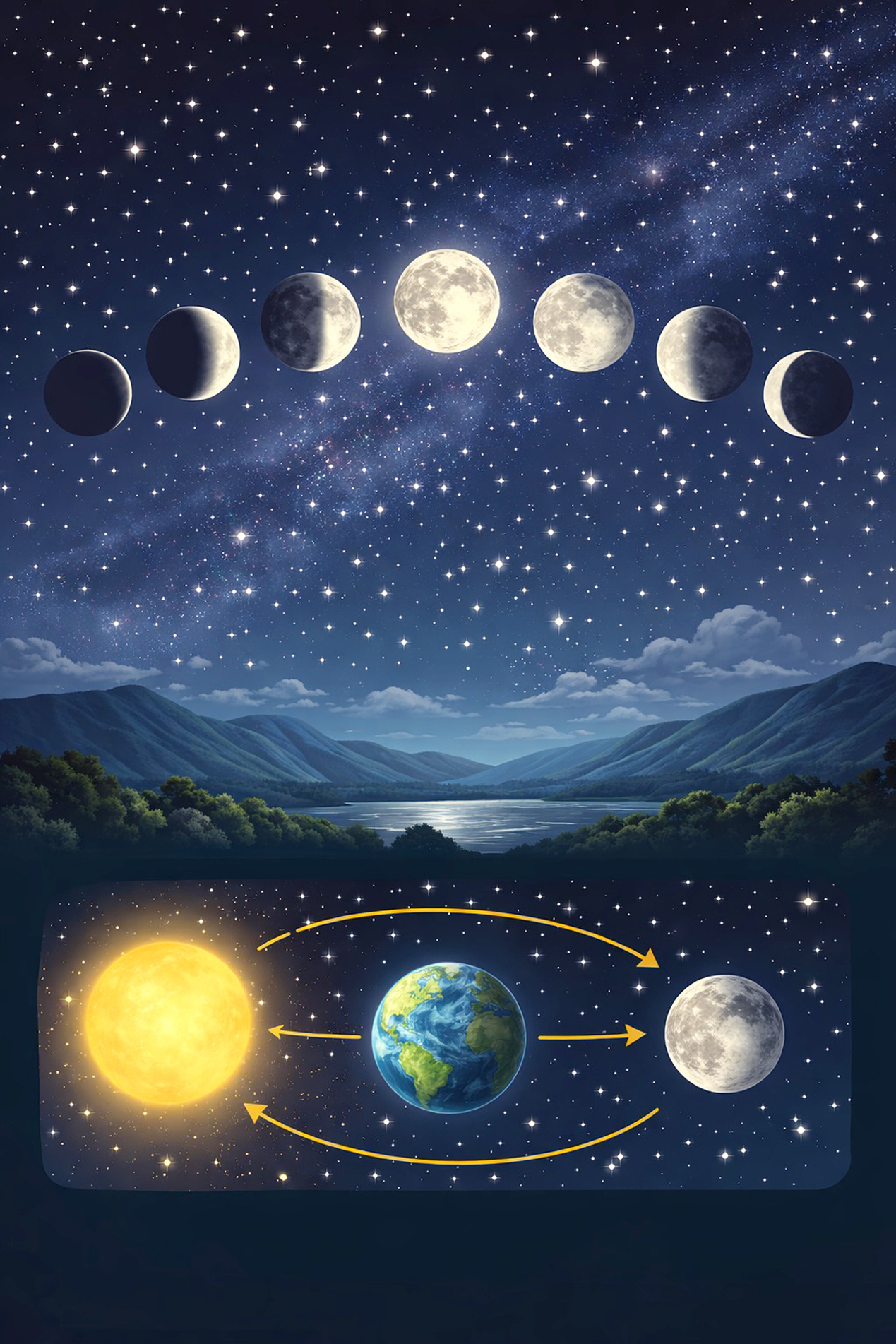 As fases da Lua mudam conforme ela gira 
ao redor da Terra e recebe a luz do Sol
