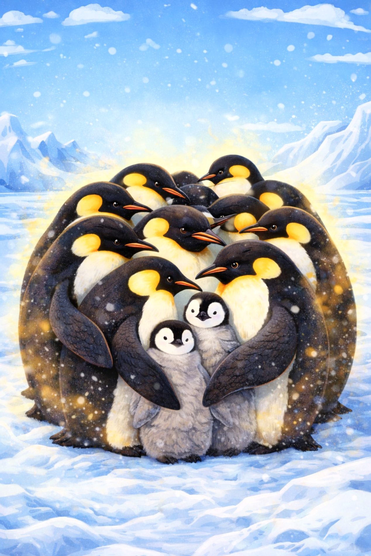 Pinguins se juntam em grupo para dividir o calor e se proteger do frio intenso da Antártica
