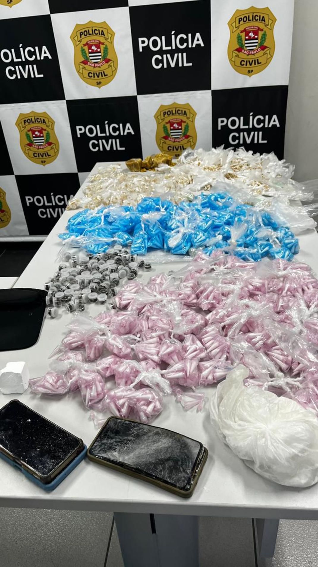 Foram apreendidas 1.055 porções de crack, 211 porções de cocaína, 100 porções de maconha e três porções adicionais de cocaína ainda não fracionadas