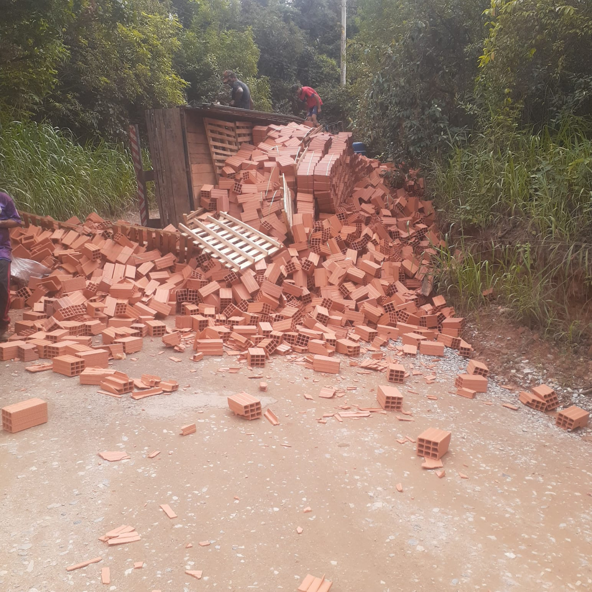 O motorista do caminhão foi fechado por um automóvel e, ao tentar desviar, o veículo acabou tombando