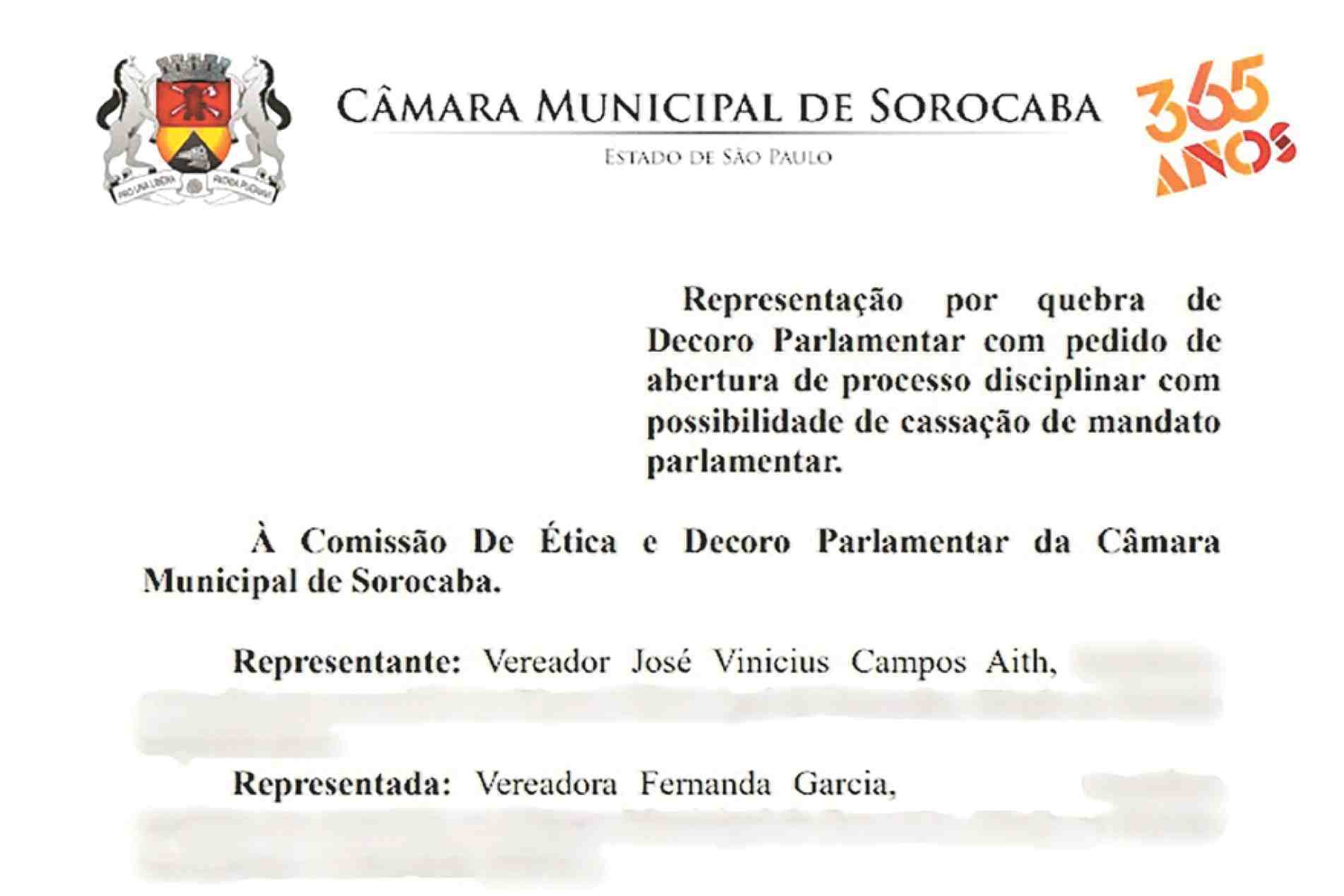 Representação do vereador Vinicius Aith (Republicanos) pede abertura
de processo por quebra de decoro contra Fernanda Garcia (PSOL)
