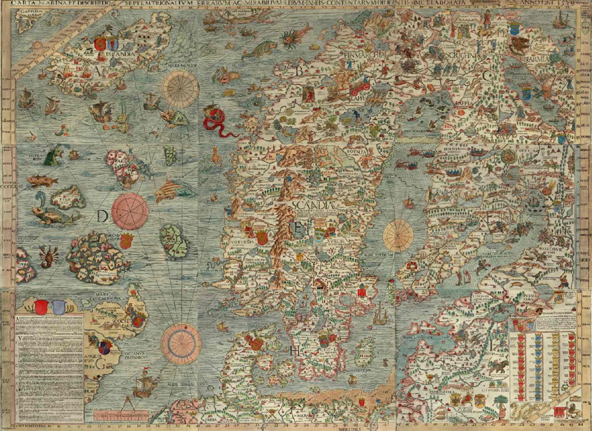  Detalhe de um mapa antigo mostra criaturas marinhas 
desenhadas para representar os perigos e mistérios 
dos mares ainda desconhecidos

