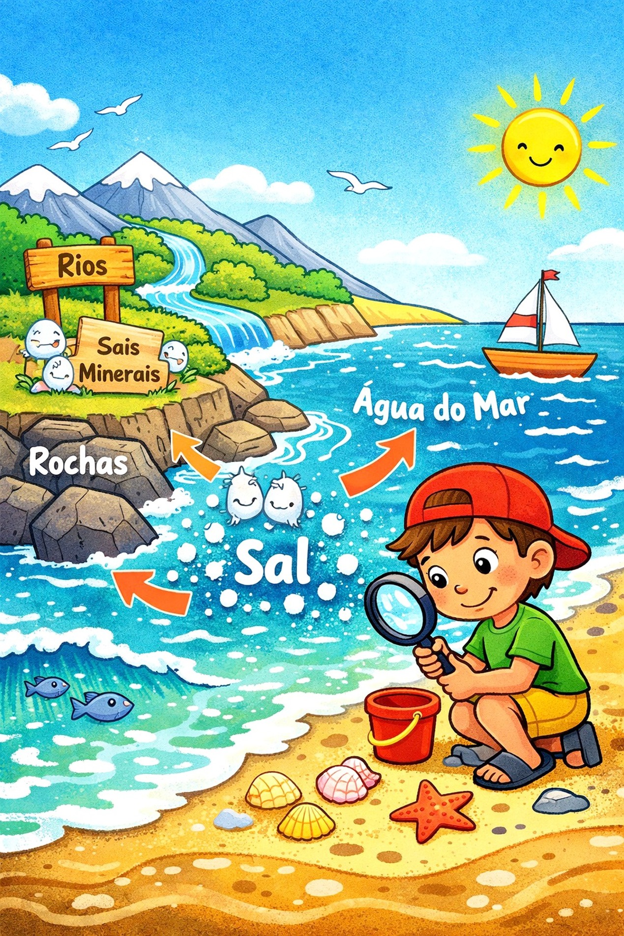 O sal do mar
vem das rochas e
dos minerais levados
pelos rios
