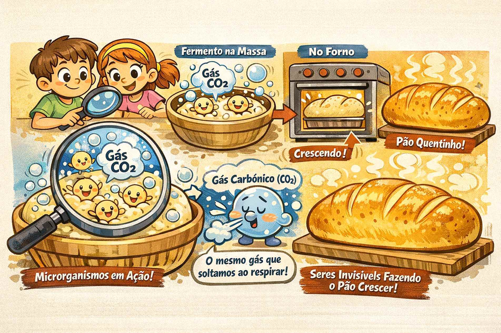 As bolhinhas que fazem o pão crescer aparecem quando o fermento entra em ação!