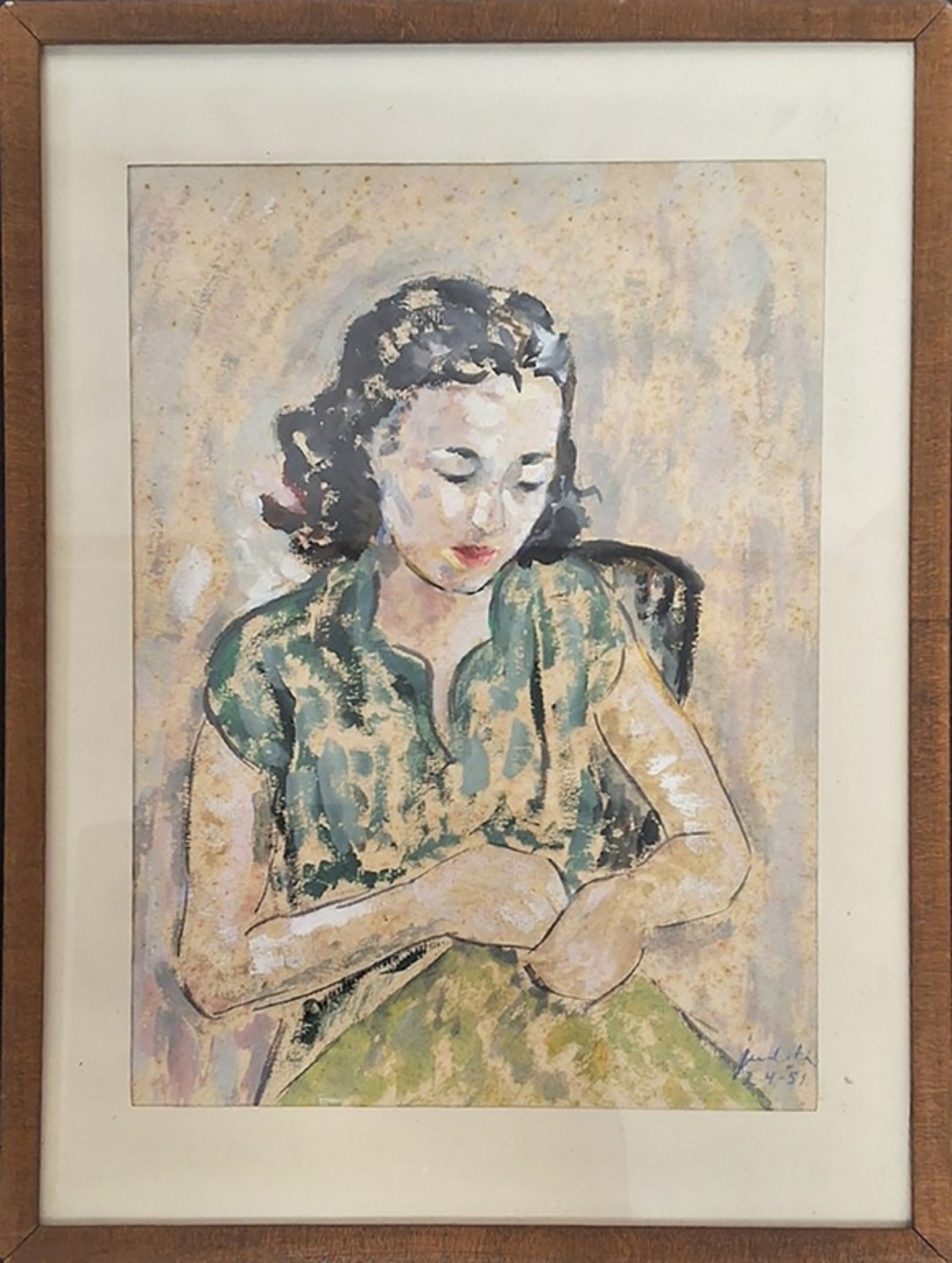 Obra Fádua Costurando, de 1951: retrato da irmã da artista em óleo sobre tela
