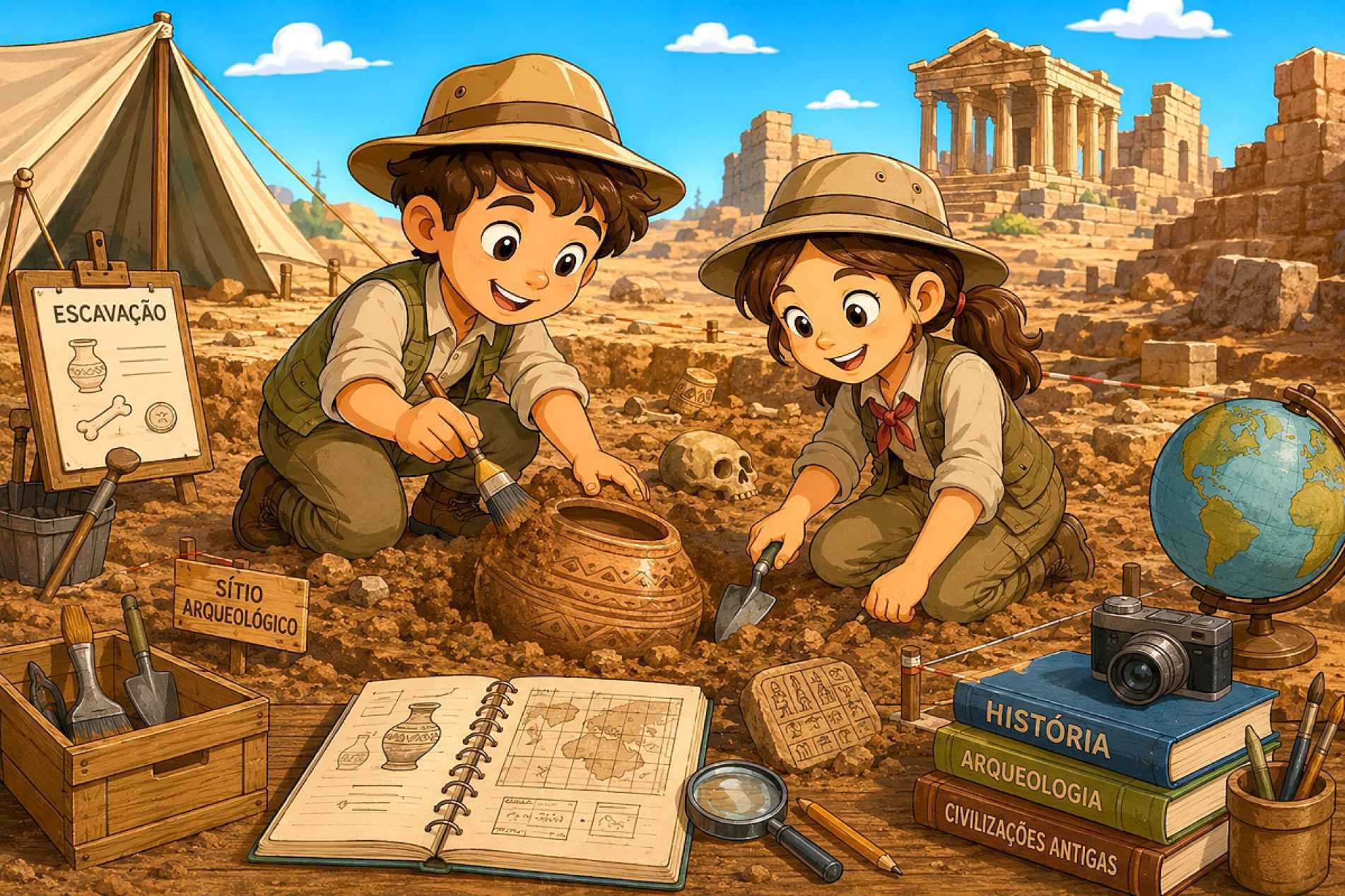 Com pincéis, lupas e muita curiosidade, os
arqueólogos investigam objetos antigos para descobrir
como viviam os povos do passado
