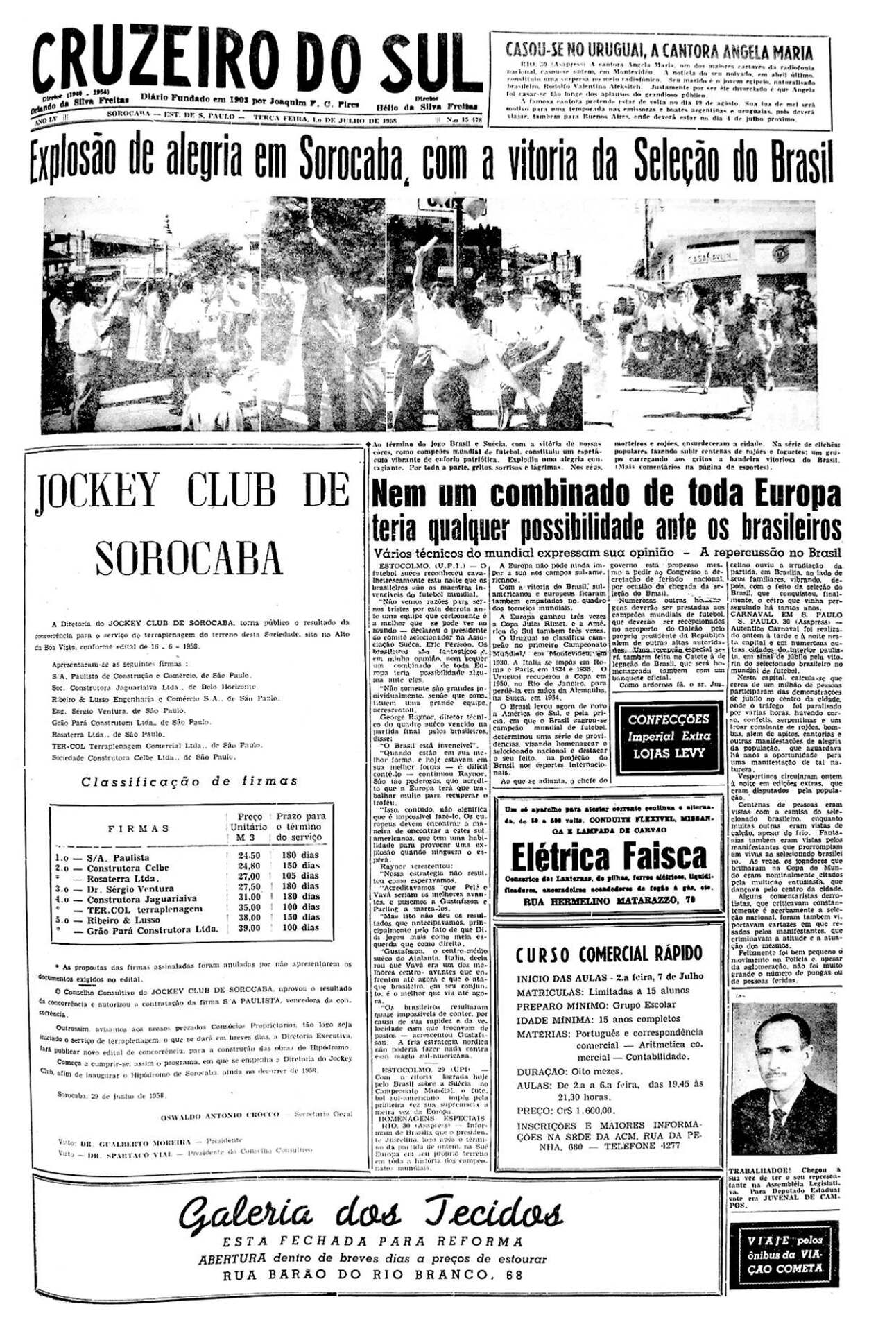 Capa de 1º de julho de 1958: 
Copa disputada na Suécia