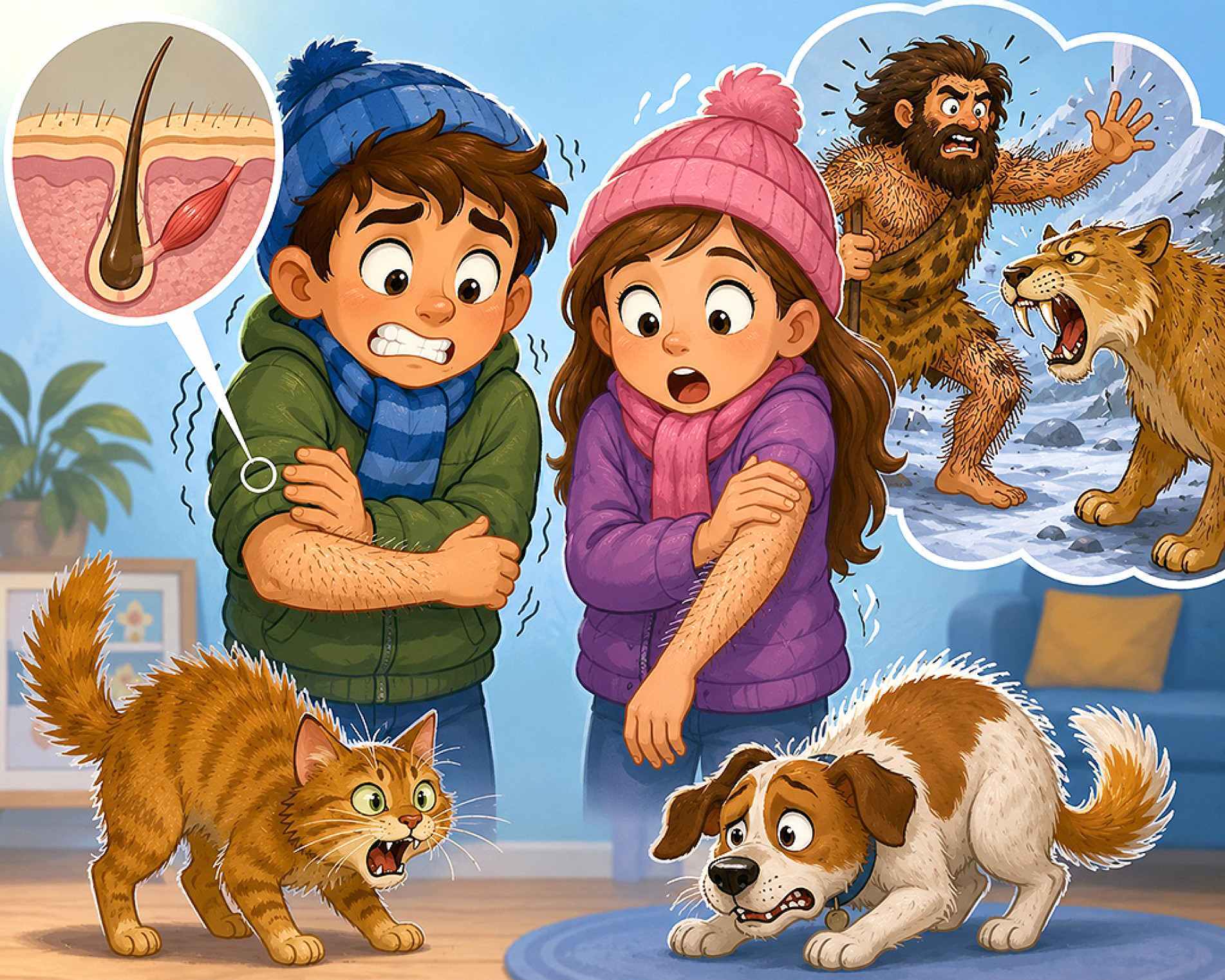 Quando sentimos frio, medo ou emoção, pequenos músculos na base dos pelos se contraem e fazem a pele ficar arrepiada
