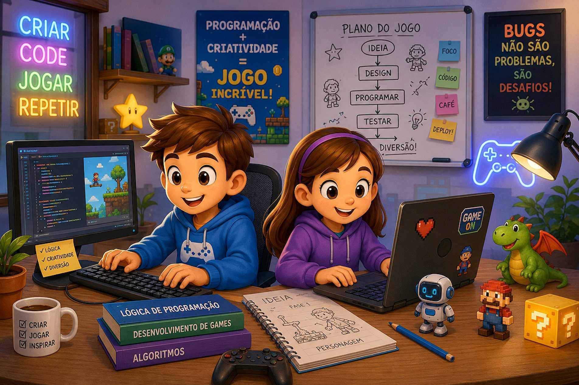 Quem gosta de videogame também 
pode aprender a criá-lo! Programadores transformam ideias 
em personagens, desafios e aventuras cheias de diversão