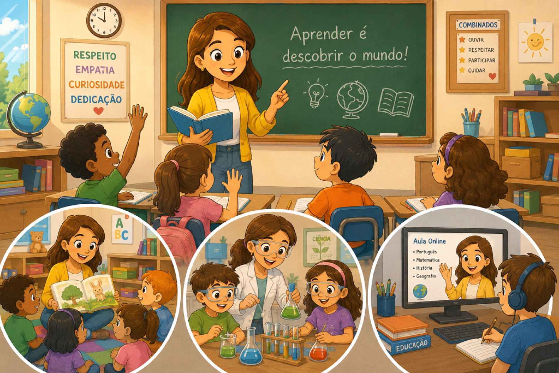 Com dedicação e carinho, os professores ajudam 
a construir conhecimentos, despertar talentos e preparar crianças e jovens para os desafios do futuro
