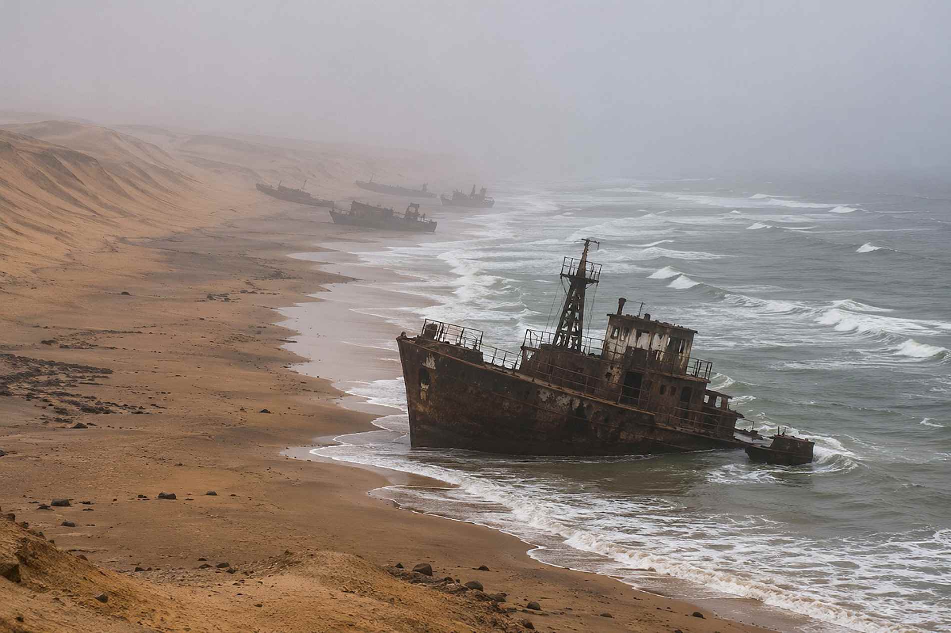 A Costa dos Esqueletos impressiona pelos antigos navios naufragados envoltos em neblina, em um cenário onde o oceano Atlântico encontra as dunas do deserto
