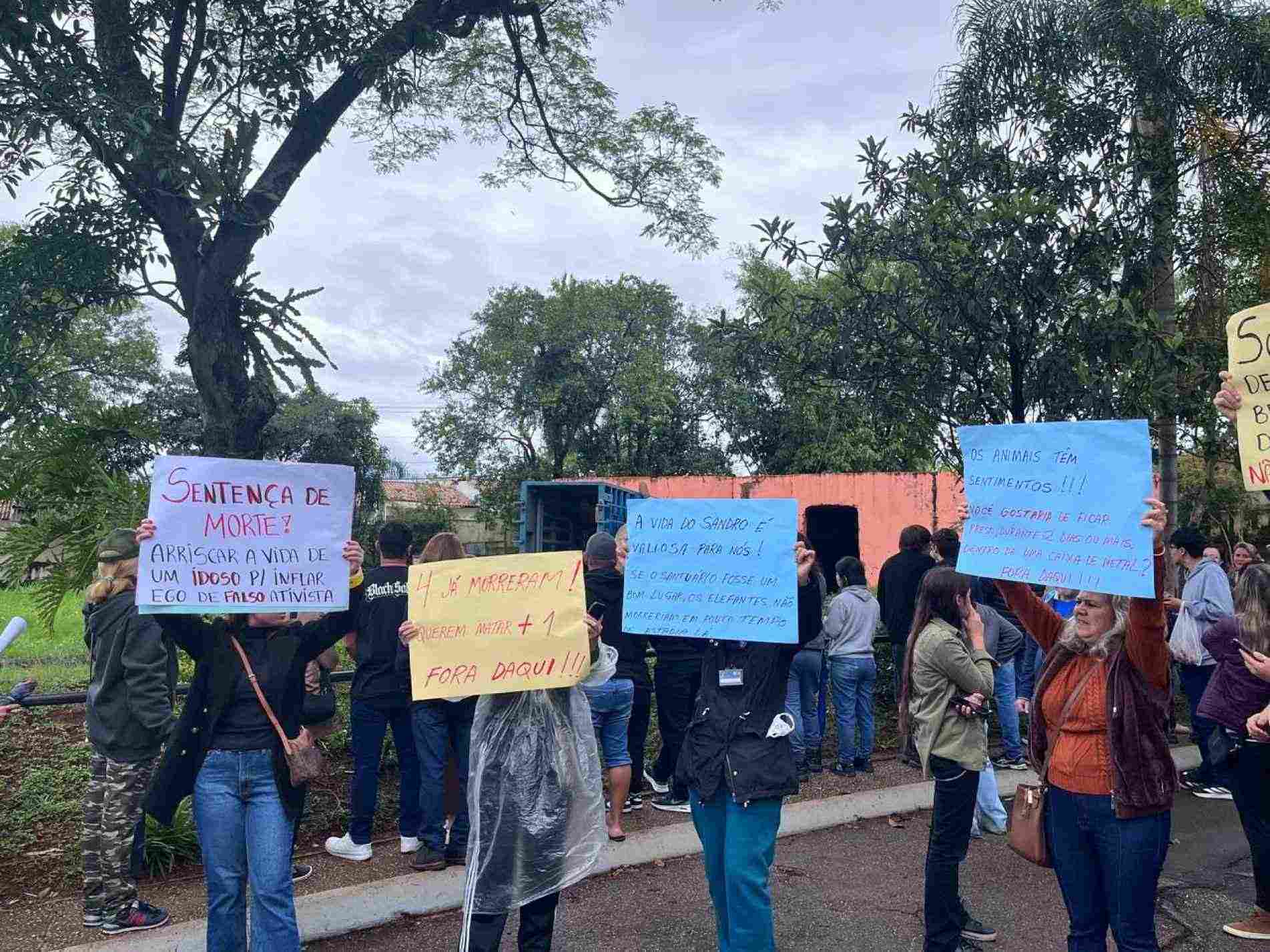Manifestantes comparecem ao zoo munidos de faixas e cartazes