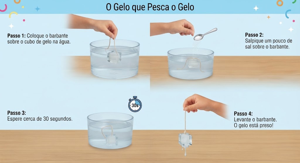 Com sal e barbante, é possível prender a linha ao cubo de gelo e 