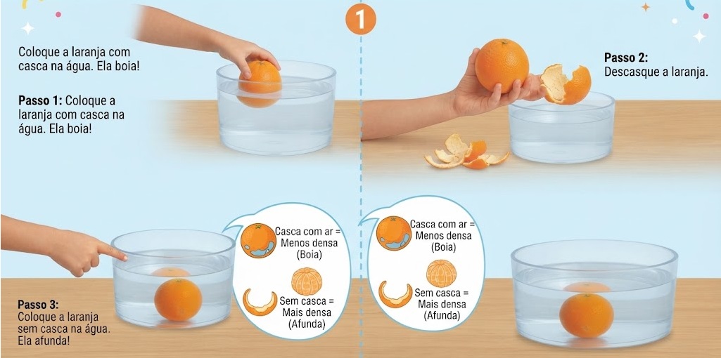 A diferença de densidade faz com que a laranja com casca boie e,
depois de descascada, possa afundar
