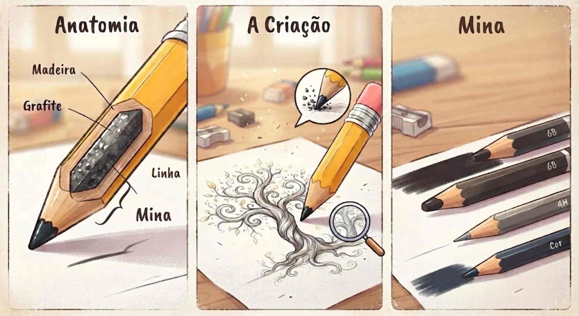 A estrutura do lápis revela como o grafite e a argila
trabalham juntos para criar cada linha