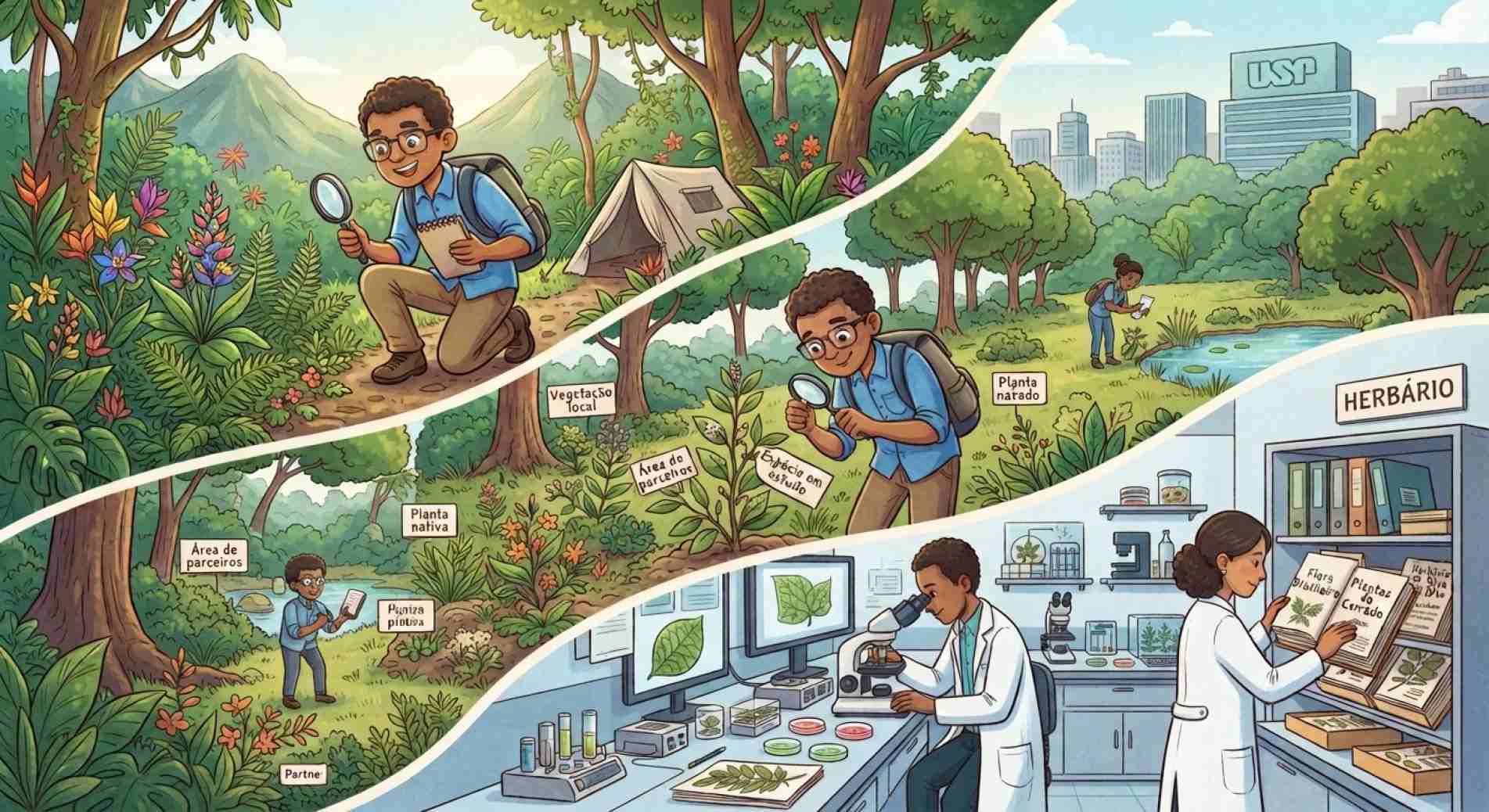 O trabalho do botânico vai muito além das florestas: envolve desde a investigação de plantas na natureza até análises detalhadas em laboratórios e herbários!
