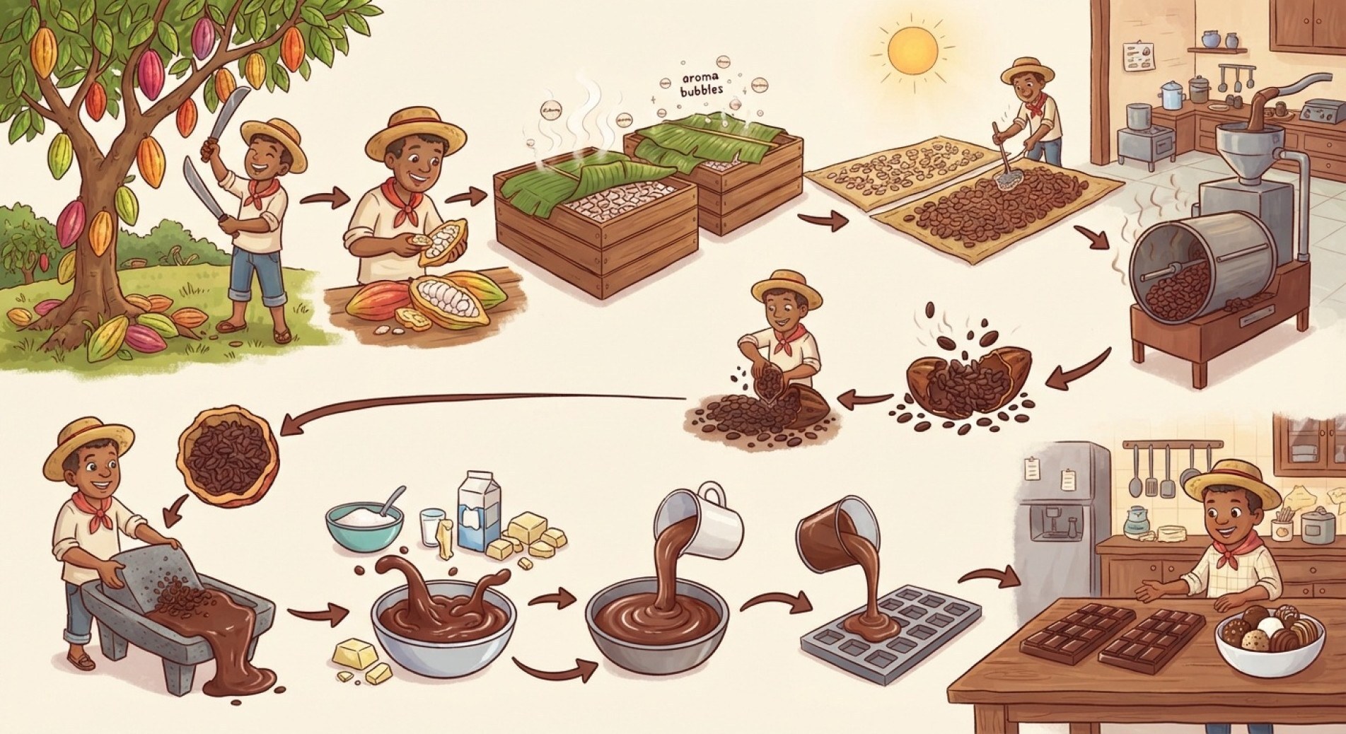 Sementes do cacau passam por fermentação, secagem e torra antes de serem transformadas nos diferentes tipos de chocolate