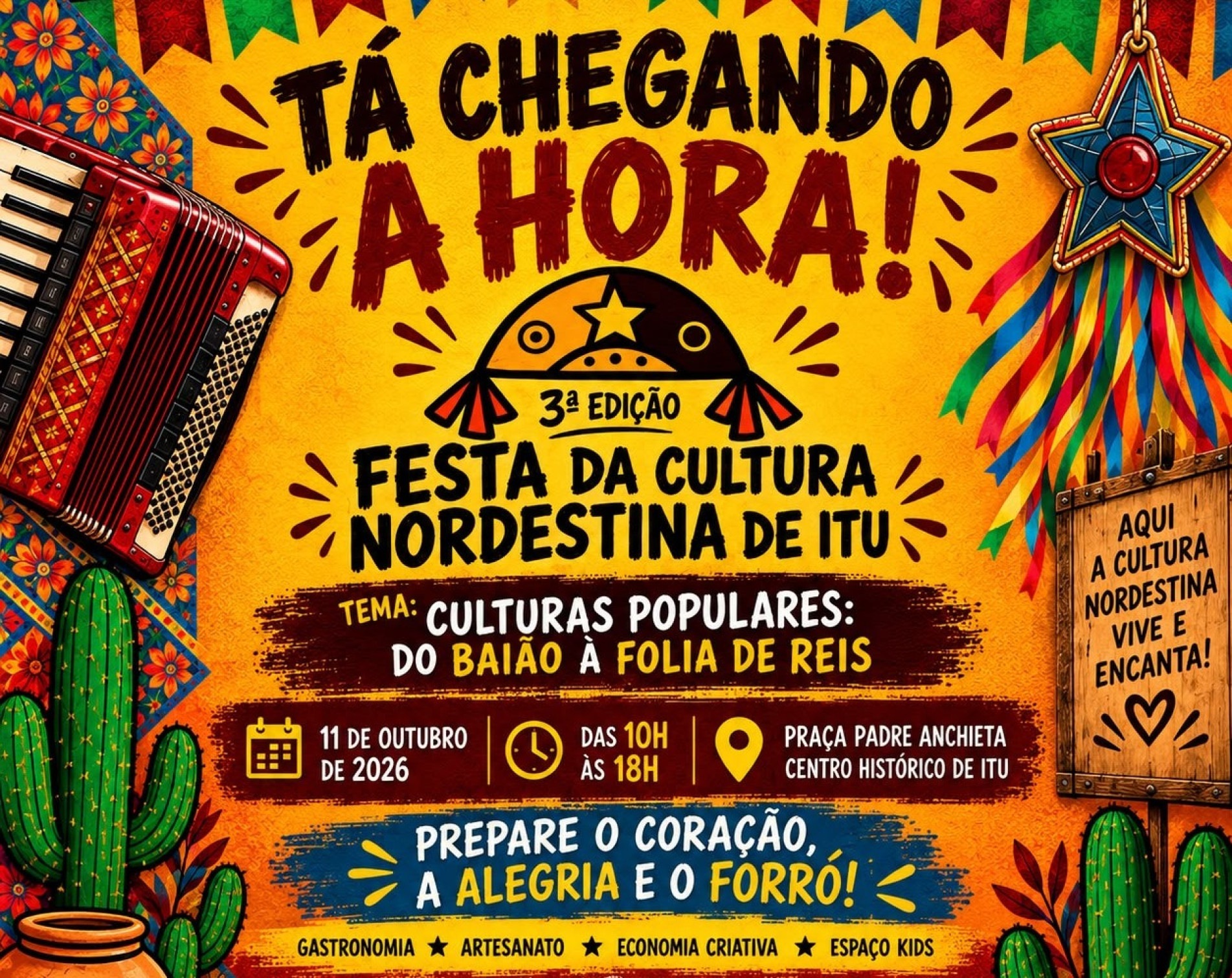 A festa oferece barracas de comidas típicas nordestinas, feira de artesanato e espaço de economia criativa 