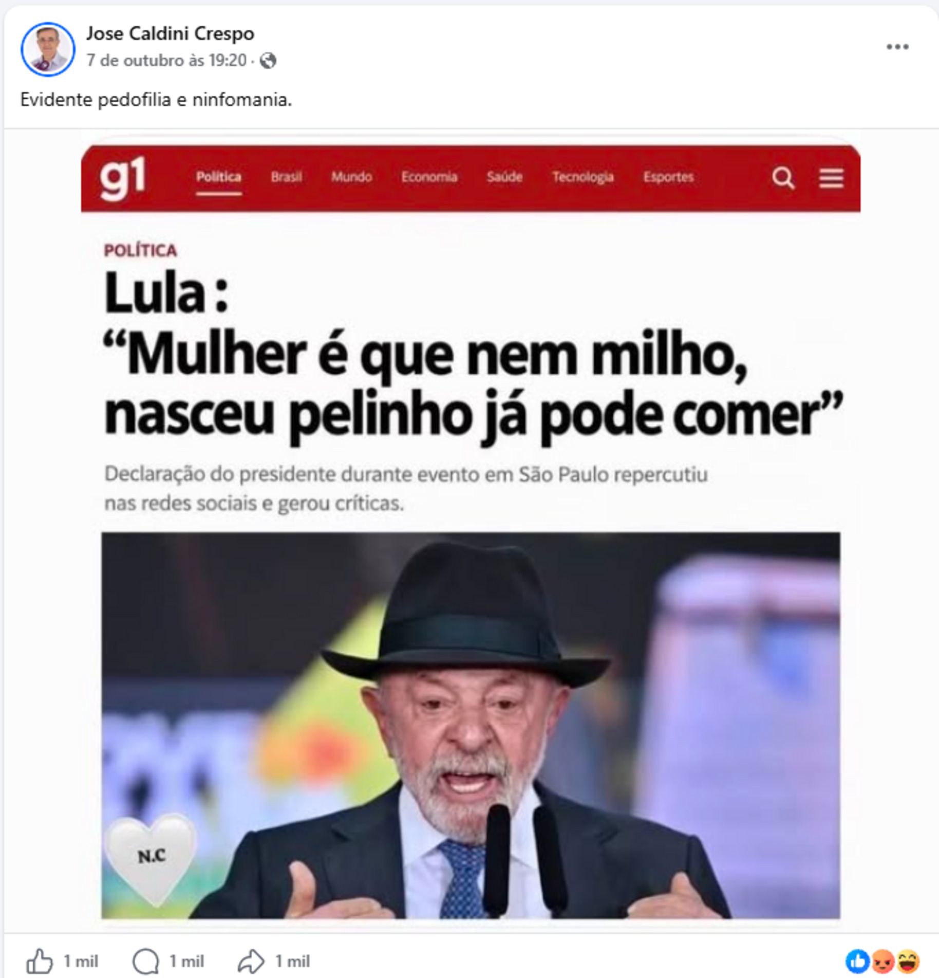 Caso envolve publicação feita no Facebookem 7 de outubro, 
durante o período eleitoral